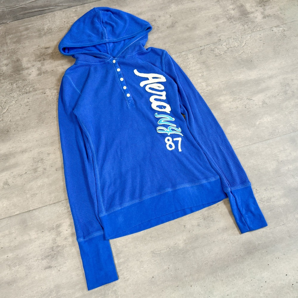 Y2K 2000's 00's Aeropostal Waffle Preppy Grunge Knit Royal Blue Hoodie